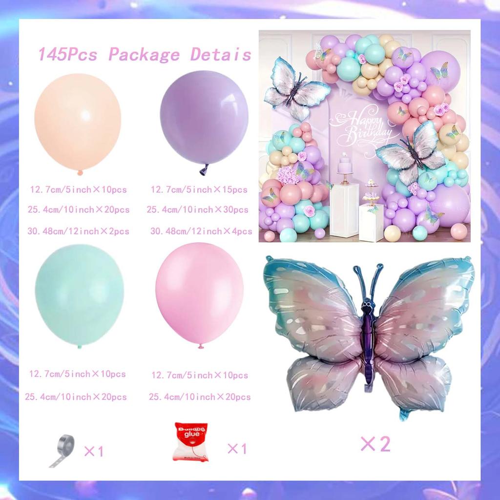 Purple Butterfly Balloon Set, Butterfly Aluminum Film and Macaron Latex Balloon for Graduation Ceremony Birthday