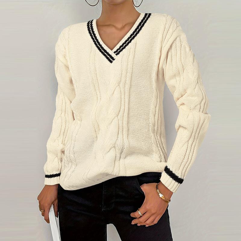 VONDA Women Autumn Warm V-Neck Long Sleeve Knitted Pullover Sweaters