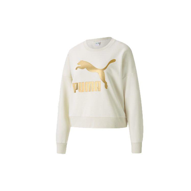 Puma Classics Metallic Gold Big Logo Print Sport Crew Neck Sweatshirt Women Tops Ivory 531382-73