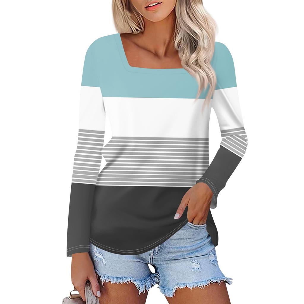 Рубашка для женщин, модная повседневная свободная футболка с квадратным вырезом и длинным рукавом с принтом, женский топ