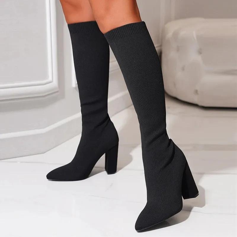 Liyke Green Women Cozy Knitting Stretch Fabric Knee High Boots Fashion Square Heels Autumn Winter Sock Long Shoes Booties Female