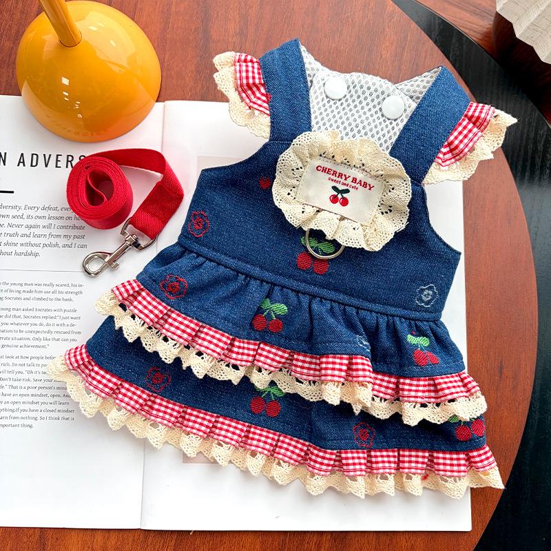 Spring and Summer Denim Cherry Backed Dress Dog Dress Pet Clothes Cat and Dog Accessories