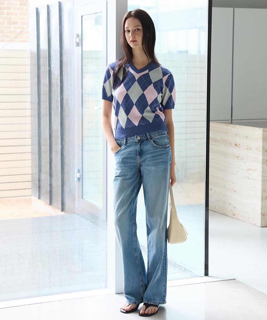 SHINE ON YOU Linen Cotton Argyle Pattern V-Neck Short Sleeve Knit - Navy Rose