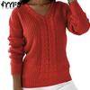 Women's Fashion Casual Fall Winter Solid Color Print Long Sleeve V-Neck Sweaters