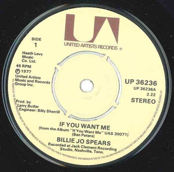 7-дюймовая пластинка BILLIE JO SPEARS If You Want Me UP36263 1977 UK Rock Б/у