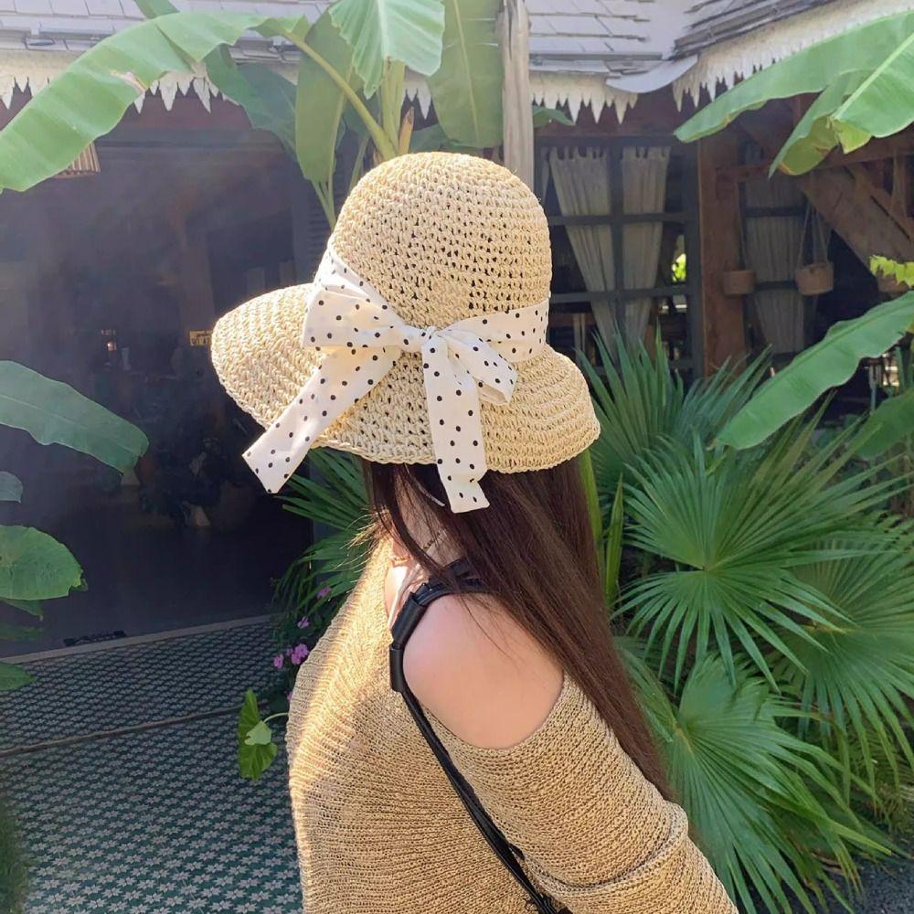 Wide Brim Straw Hat Polka Dot Sunshade Hat Fashion Sunscreen Hat Seaside Beach
