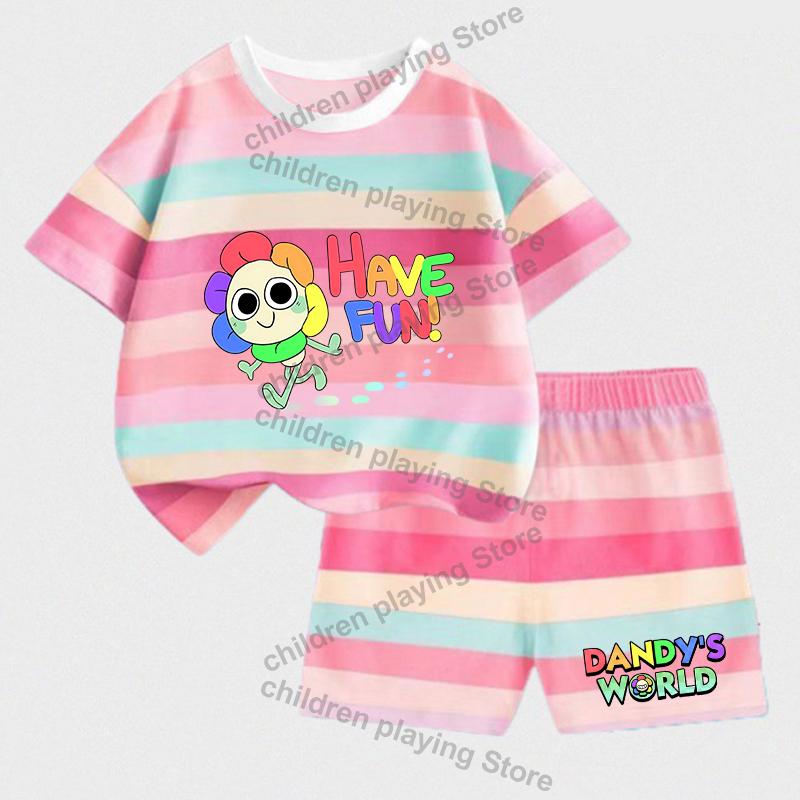 Dandys World Детские полосатые комплекты Летние футболки с шортами для девочек и мальчиков Костюмы с милым принтом Повседневная спортивная одежда Детская одежда для сна Подарки