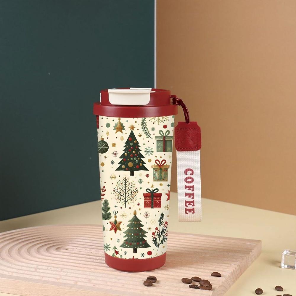 Christmas Tree Print Insulated Cup Xmas Thermal Water Bottle  for Office Workers
