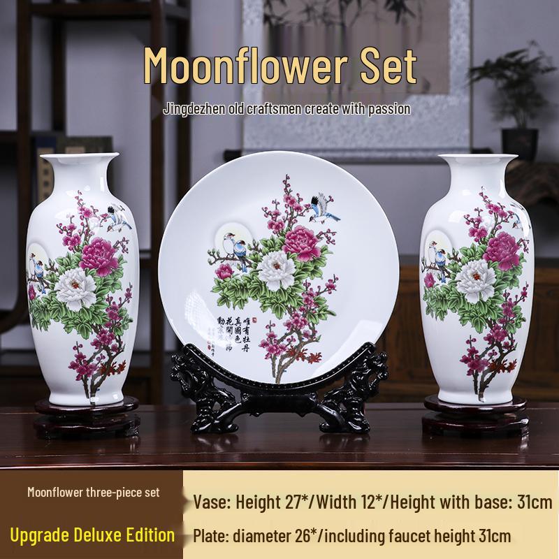 Good Fortune Jingdezhen Ceramic Vase Set: 3-Piece Décor for Living Room, Curio Shelf, or TV Cabinet