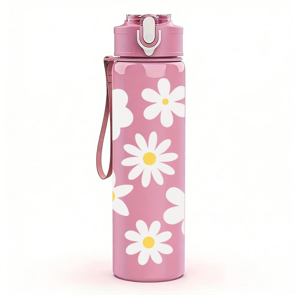 1PC White Daisy Flower Simple Floral Pattern 750ml Color Plastic Sports Water Bottle Leakproof Flip Straw Lid Suitable for Sports Office Home Use