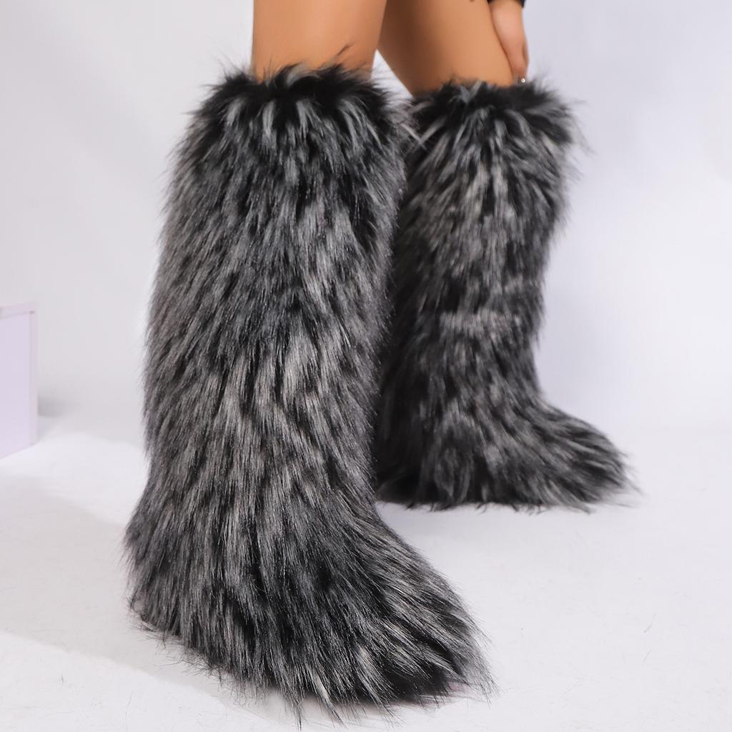 Cross-border Y2k Imitation Raccoon Fur Boots Long Tube Winter Ladies Winter Imitation Fur Fox Snow Boots Tall Boots