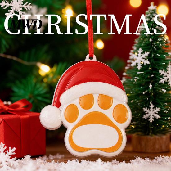 Resin Pet Keepsake for Tree Christmas Ornament, Cute Cat Paw/Bone Shaped Xmas Hanging Decoration Memorial Pendant with Santa Hat Tree, Car Rearview