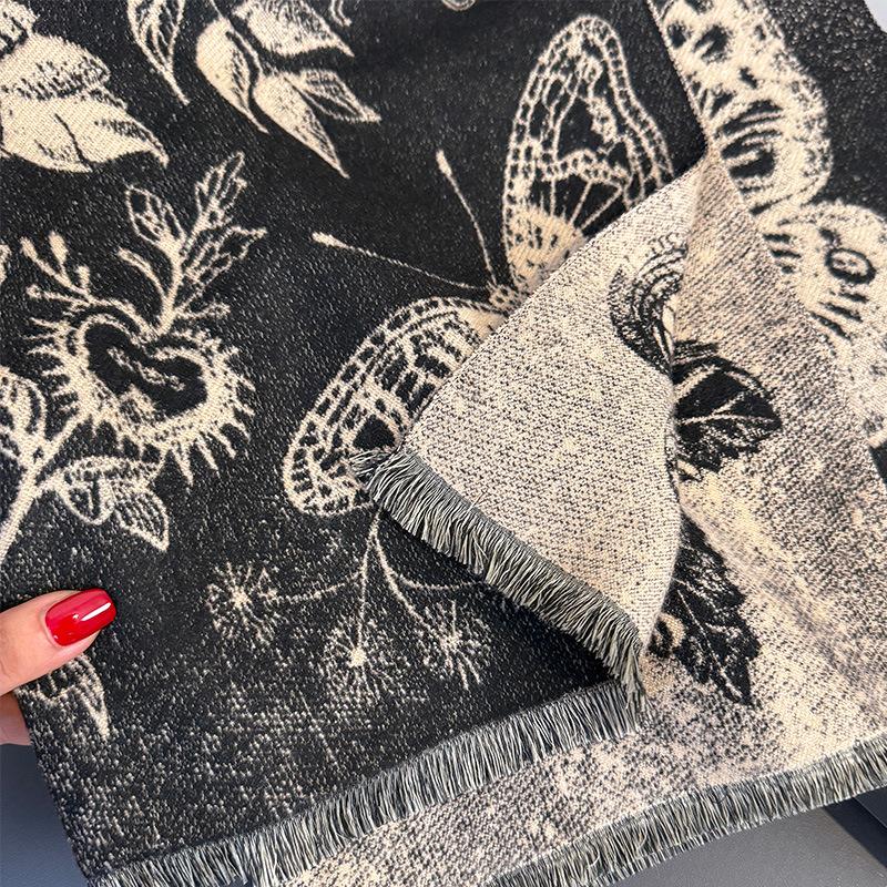 Autumn And Winter Peony Butterfly Style Retro Literary Style Printing Women'S Warm Scarf Shawl
