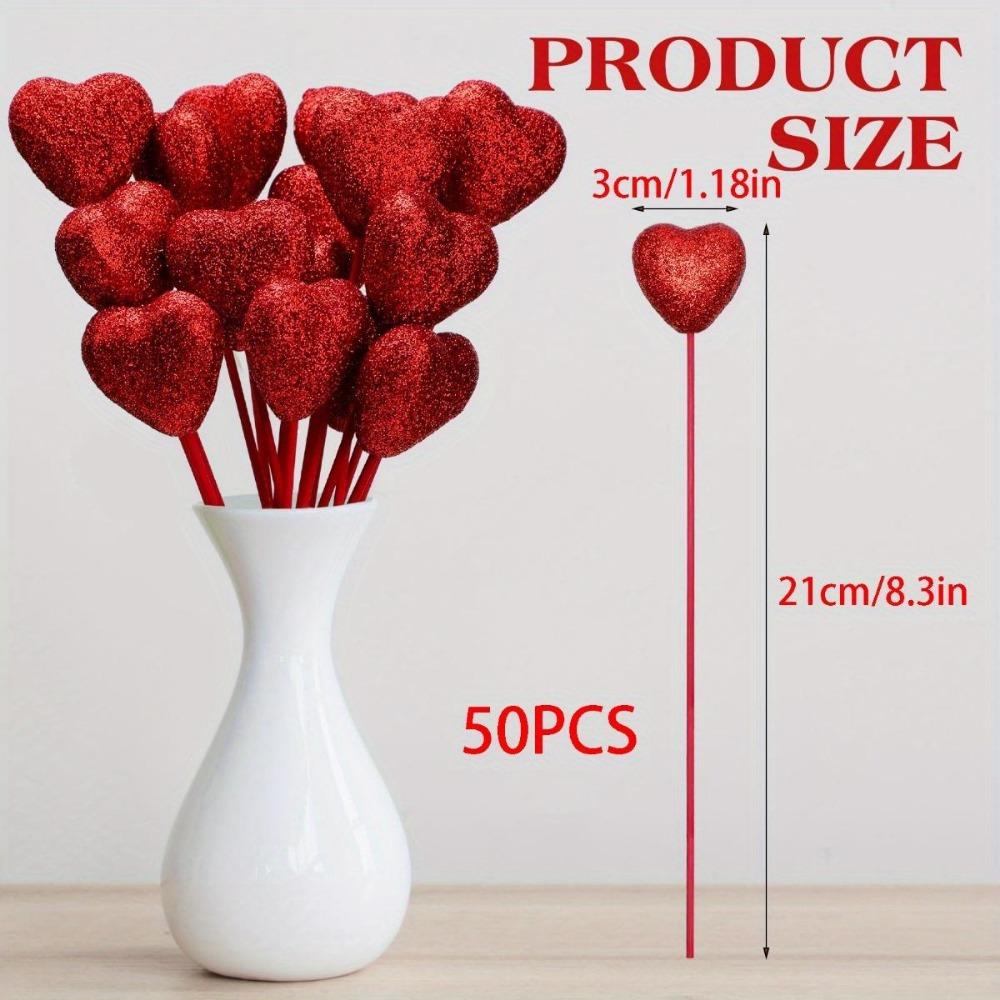 50 Pcs Glitter Foam Hearts Picks Valentine's Day Sparkly Foam Hearts Stems Wooden Glitter Heart Puffy Heart Picks for Valentine Flower Arrangements