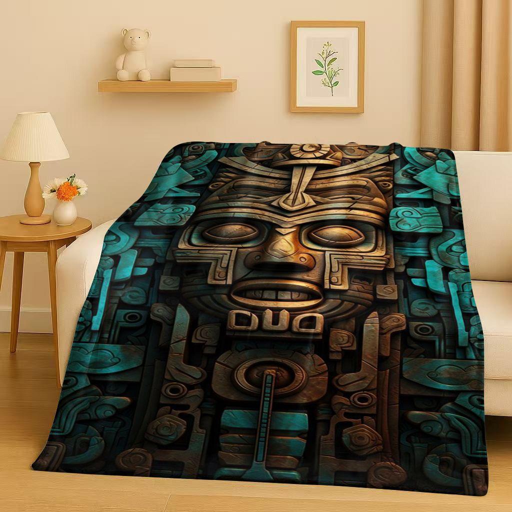 Retro Aztec Totem Maya Mask Sun God Flannel Blanket,Ultra Soft Warm Plush Throw for Home Bedroom Bed Sofa Cover Office Gift Kids