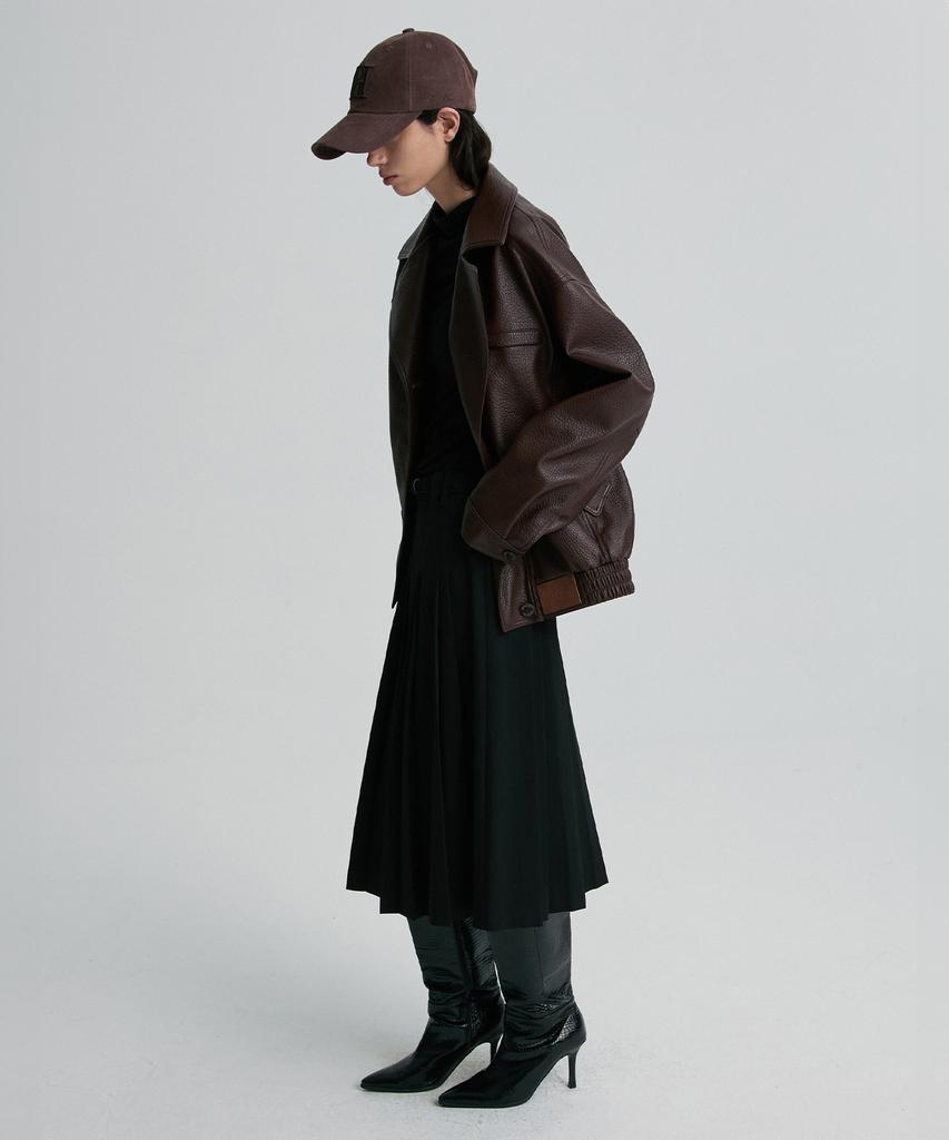 RE RHEE Oversized Leather Bomber Jacket Burgundy