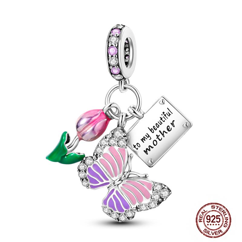 Медные Шармы Большая Любовь Мама Семья Сестра Розовое Сердце Тюльпан Бусины Ча Подходят для Оригинального Браслета Сделай Сам Ювелирный Подарок на День Матери