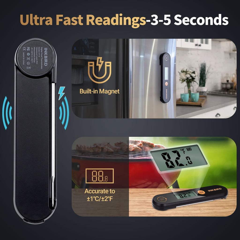 Мясной термометр со складными щупами IPX5 Водонепроницаемый Перезаряжаемый Цифровой термометр для продуктов для барбекю, фритюра
