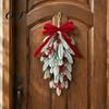 Large Velvet Bow Wreath Flocked Christmas Teardrop Swag for Front Door, Artificial Pine with Red Winter Holiday Home Decor Berries Bow, Snowy Hanging