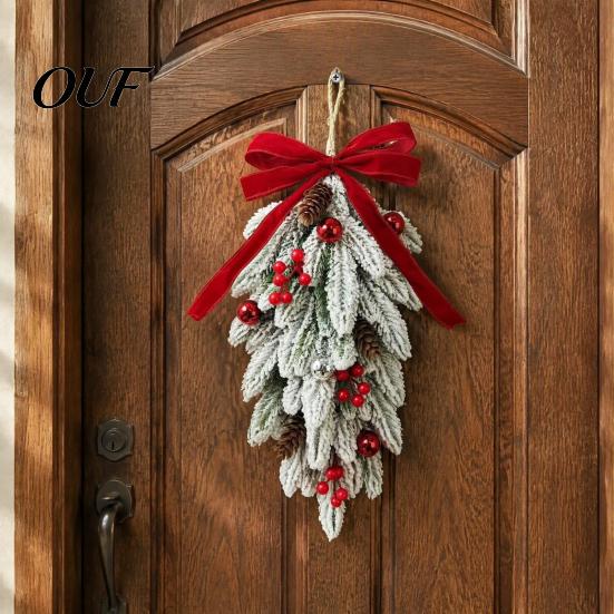 Large Velvet Bow Wreath Flocked Christmas Teardrop Swag for Front Door, Artificial Pine with Red Winter Holiday Home Decor Berries Bow, Snowy Hanging