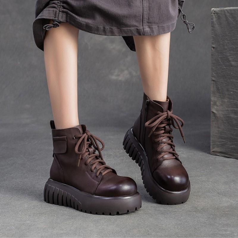 Johnature Thick Sole Women's Short Boots With Genuine Leather Retro Side Zipper Versatile Women's Shoes