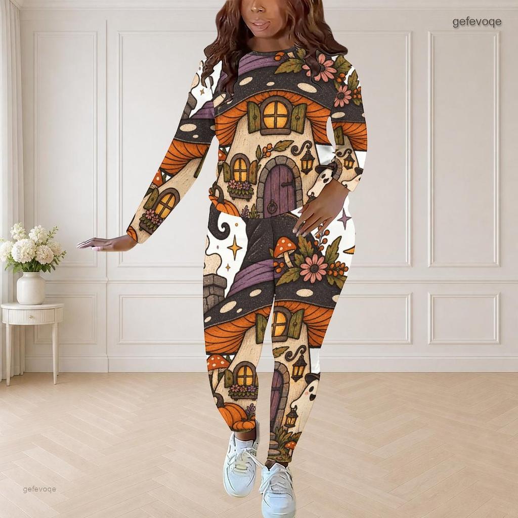 Women Plus Size Round Neck Long Sleeve Printed Black Cat Pumpkin Fitted Two Piece Pants Set