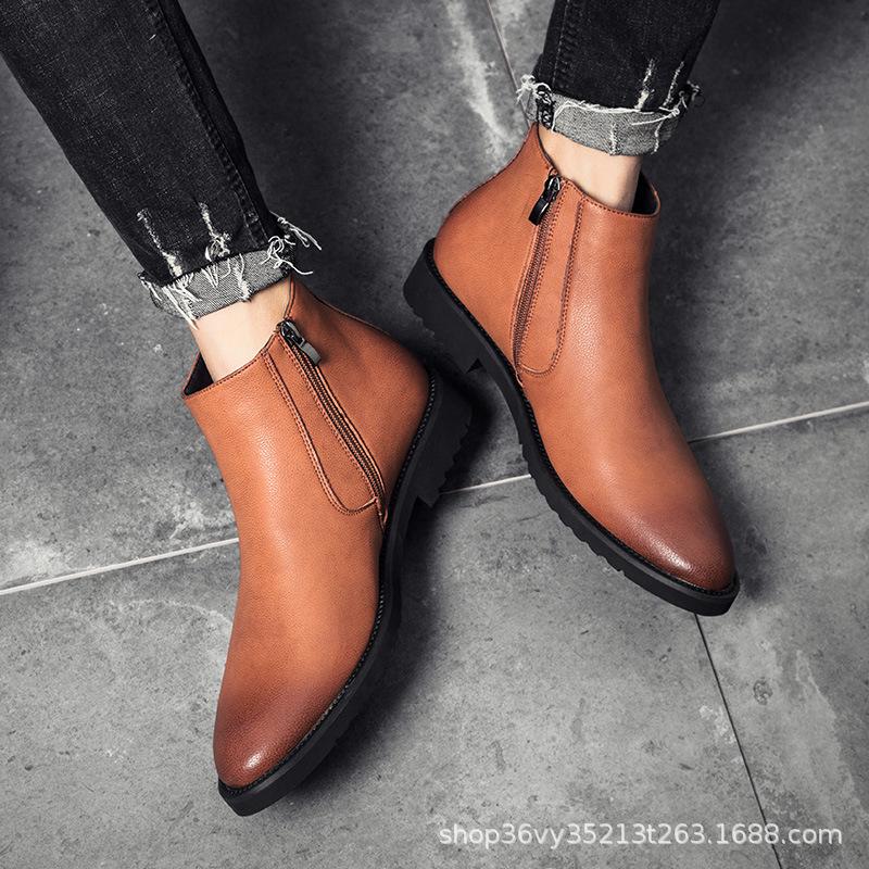 Men's Trendy Mid-Cut Zipper Chelsea Boots – Pointed Toe, Cotton Lined, Perfect for Business and Winter Fashion.