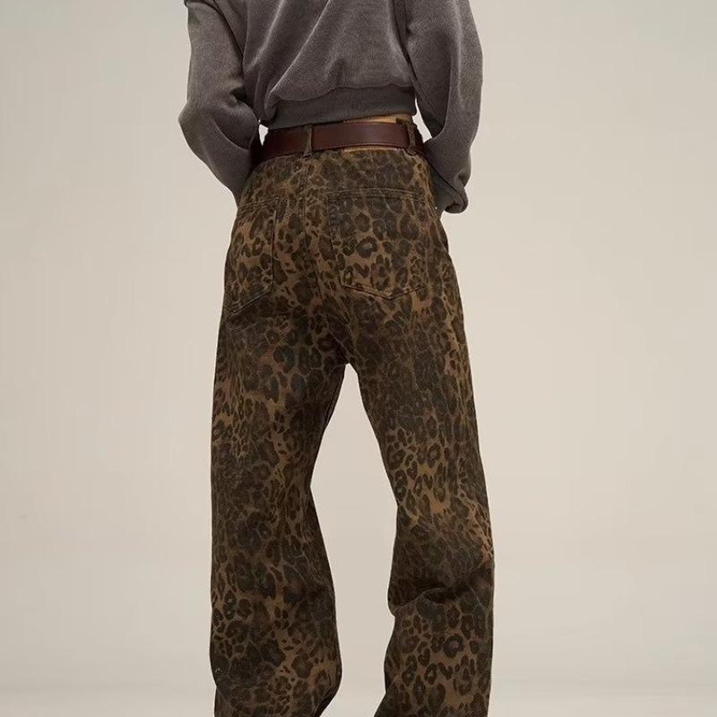 Vintage Leopard Print Wide Leg Jeans Women Hip-hop Loose Jeans Pants Lady Streetwear Denim Pants Female Oversize Casual Trousers 24225