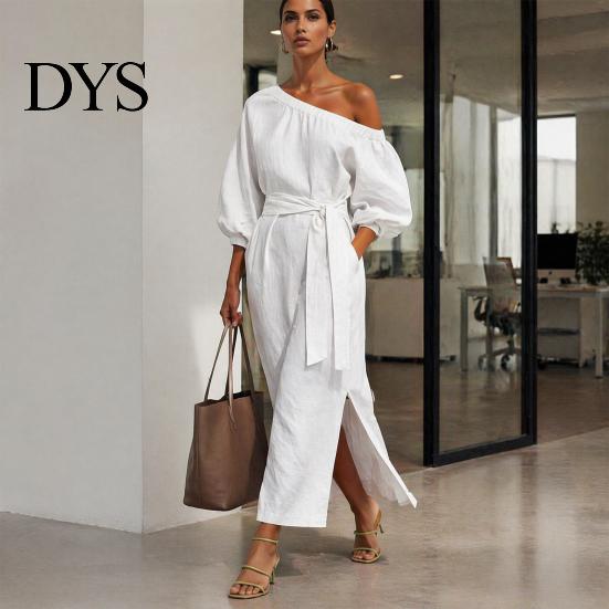 Daily Wear Dress Women One Shoulder Long Dress, Solid Color Tie Waist Side Split Everyday Dresses Casual Party Sleeve Maxi for Summer Office