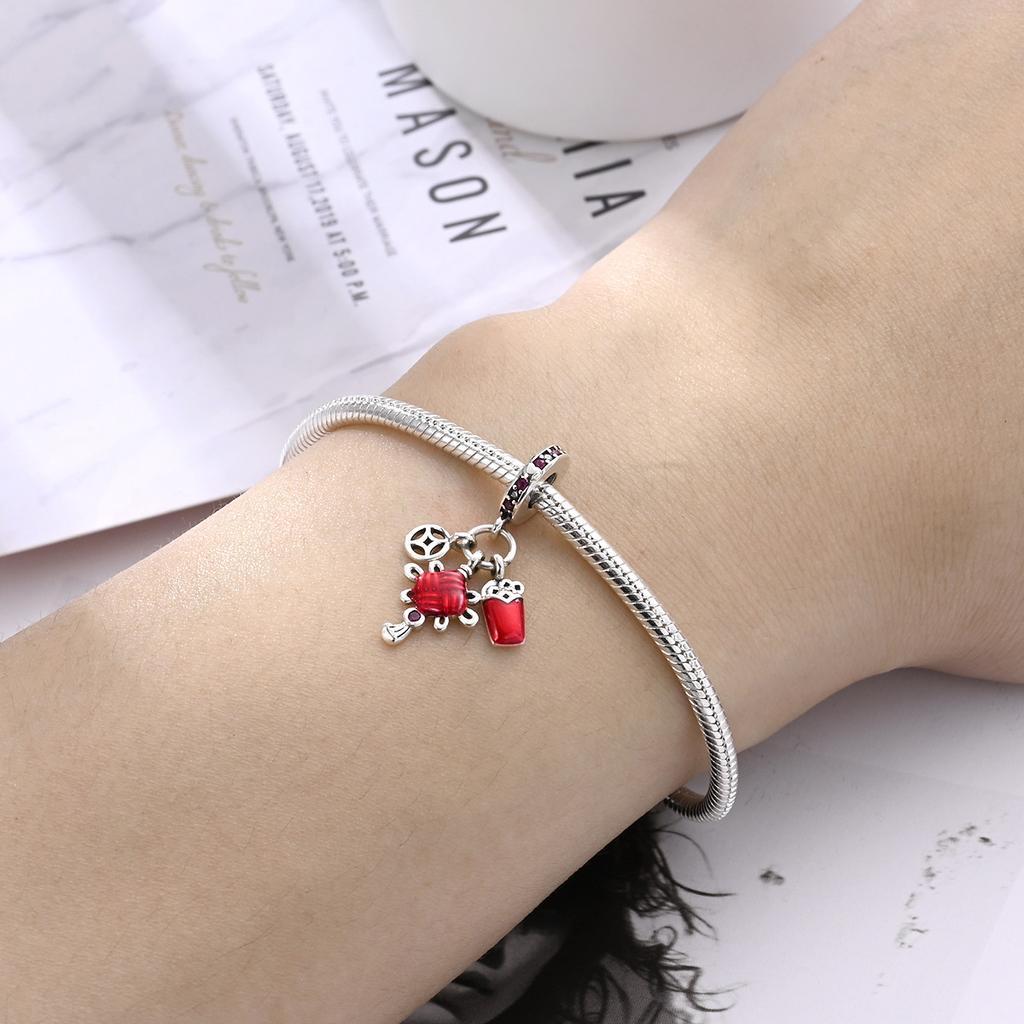 Серебро 925 пробы Новогодняя серия Танец Льва Красный Фонарь Кот Удачи Подвески Бусины Новый DIY Стиль Браслет из Бусин Ювелирные Аксессуары