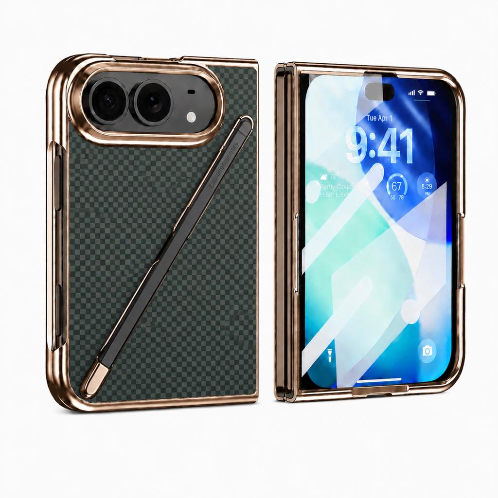 For IPhone Duo Fold Case Luxury Carbon Brazing Pattern Skin with Tempered Film Stylus Protective Back Cover Shell Phone Funda