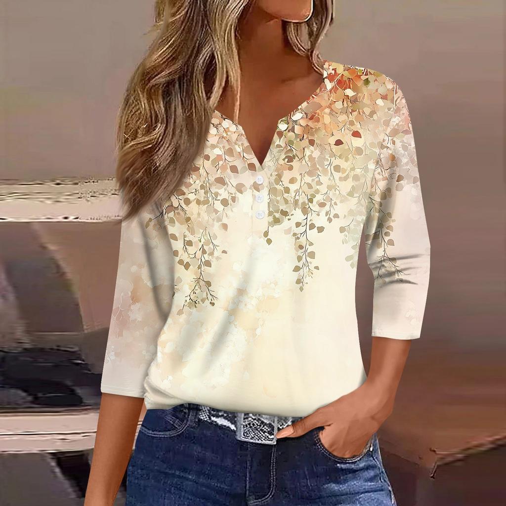 Women's T Shirt Print Button 3/4 Sleeve Daily Weekend Fashion Basic V- Neck Regular Top