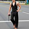 Two Pieces Men Sleeveless Striped Waistcoat and Long Straight Pants Sets
