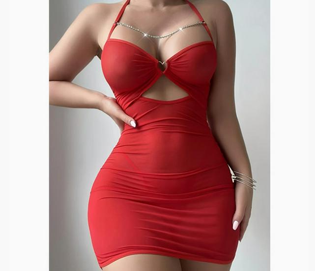 European & American Sexy Mesh See-through Lingerie Nightdress & Thong Set with Chain Accents