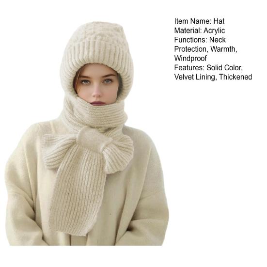 Winter Knit Hat with Integrated Scarf Solid Color Thickened Velvet Women Hat Long Scarf Set Cold Weather Headwear
