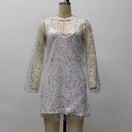 2 шт./компл., комплект женских платьев, прозрачное сетчатое платье с пайетками и длинными рукавами, с круглым вырезом и V-образным вырезом, платье-комбинация, мини-платье для вечеринки и клуба