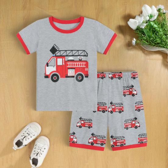 2 шт./комплект детский костюм с верхом и брюками, мультяшный рисунок грузовика, пижама с круглым вырезом, короткий рукав, летний наряд, унисекс, повседневная домашняя одежда