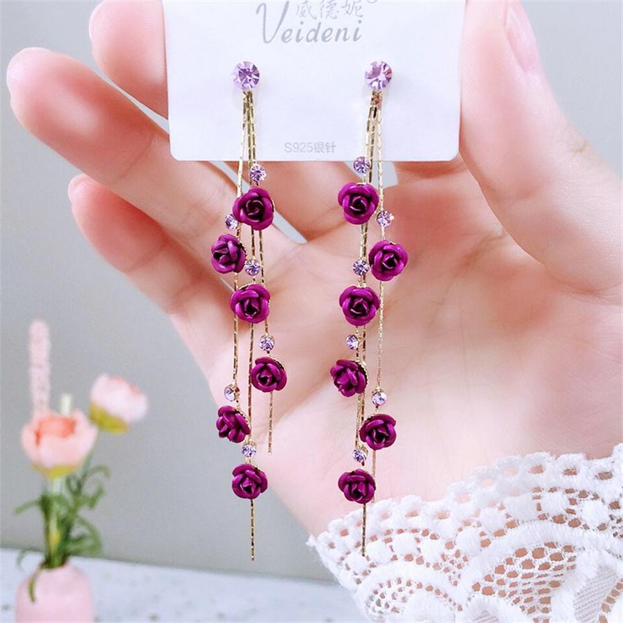 New Fashion Red Purple Rose Flower Dangle Earrings Delicate Rose Flowers Earrings For Women Weddings Engagement Party Jewelry