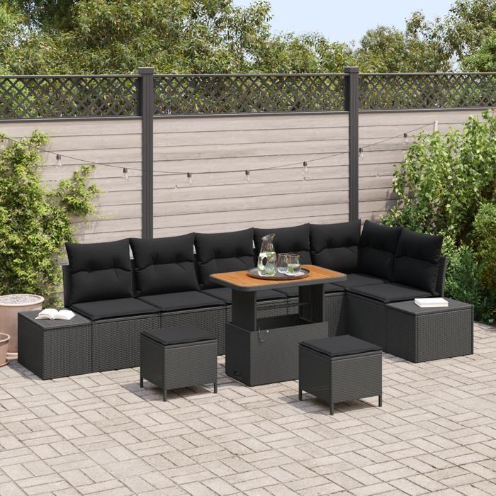 Ensemble de canapé de jardin 9 pièces avec coussins Noir Poly Rotin Acacia, Canapé de jardin 2 places avec coussins Noir 3362804