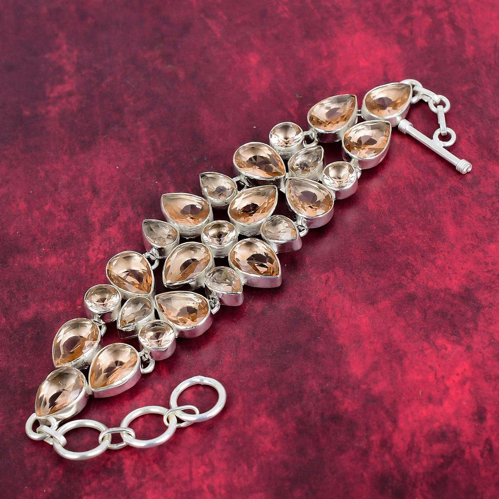 Morganite Bracelet, Handmade Gemstone 925 Solid Sterling Silver Bracelet Antique Jewelry, Adjustable Chain Bracelet, Engagement Gift