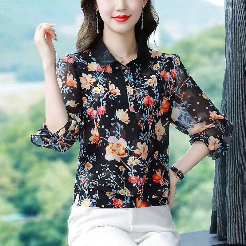 Women's Spring and Autumn Thin Section Plus Size Lapel Printed Chiffon Shirt Loose Thin Nine Minute Sleeve Floral Pullover Shirt