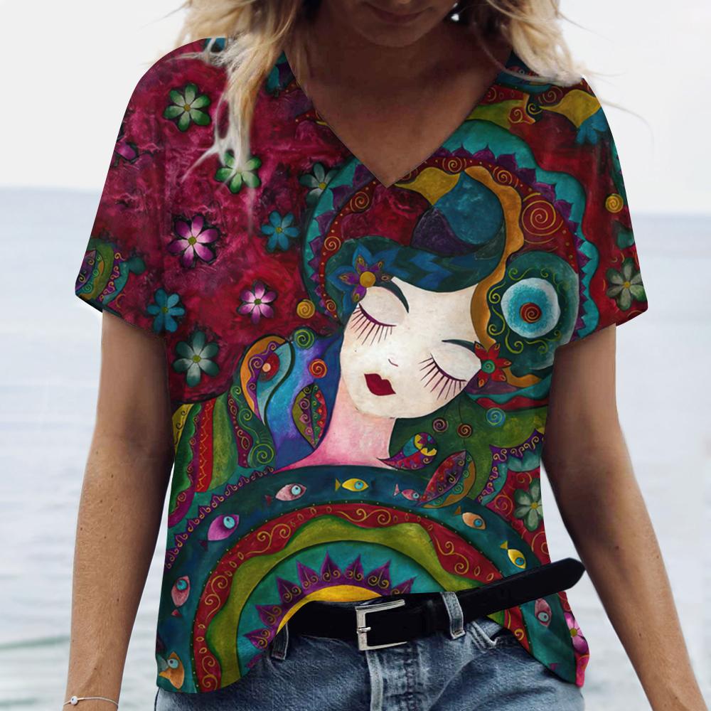 Summer Cartoon T-shirt Graphic Printing V-neck Short-sleeved Pullover Outdoor Casual Women's T-shirt