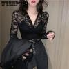 Hollow Lace V-Neck Bottoming Shirts Mesh Top with Women's Spring and Autumn Slim Fit Sexy Long Sleeve T-shirt