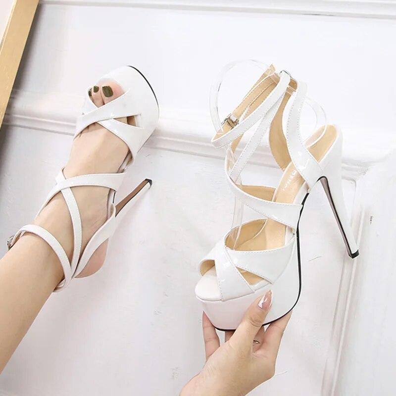 Женские туфли на шпильке с неглубоким глянцевым перекрестным ремешком, пикантная мода, каблук 14 см, платформа 4 см, WZ