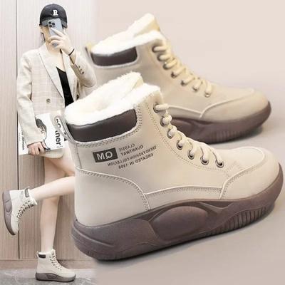 Женские хлопковые ботинки, зимние новые высокие женские плюшевые теплые студенческие ботильоны на толстой подошве со шнуровкой, увеличивающие рост, кроссовки