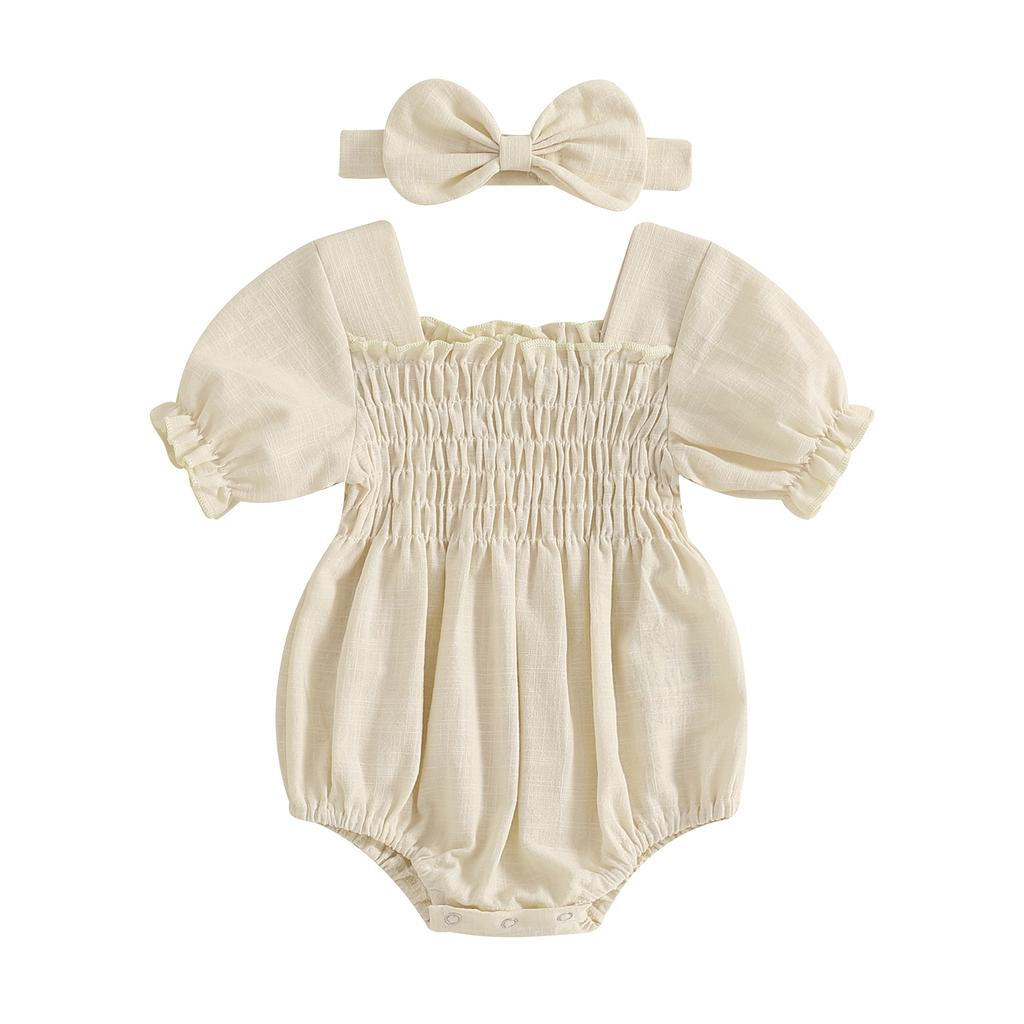Летний комбинезон для младенцев и девочек, однотонный, с короткими рукавами, квадратным вырезом, присборенный, с бантом на голове