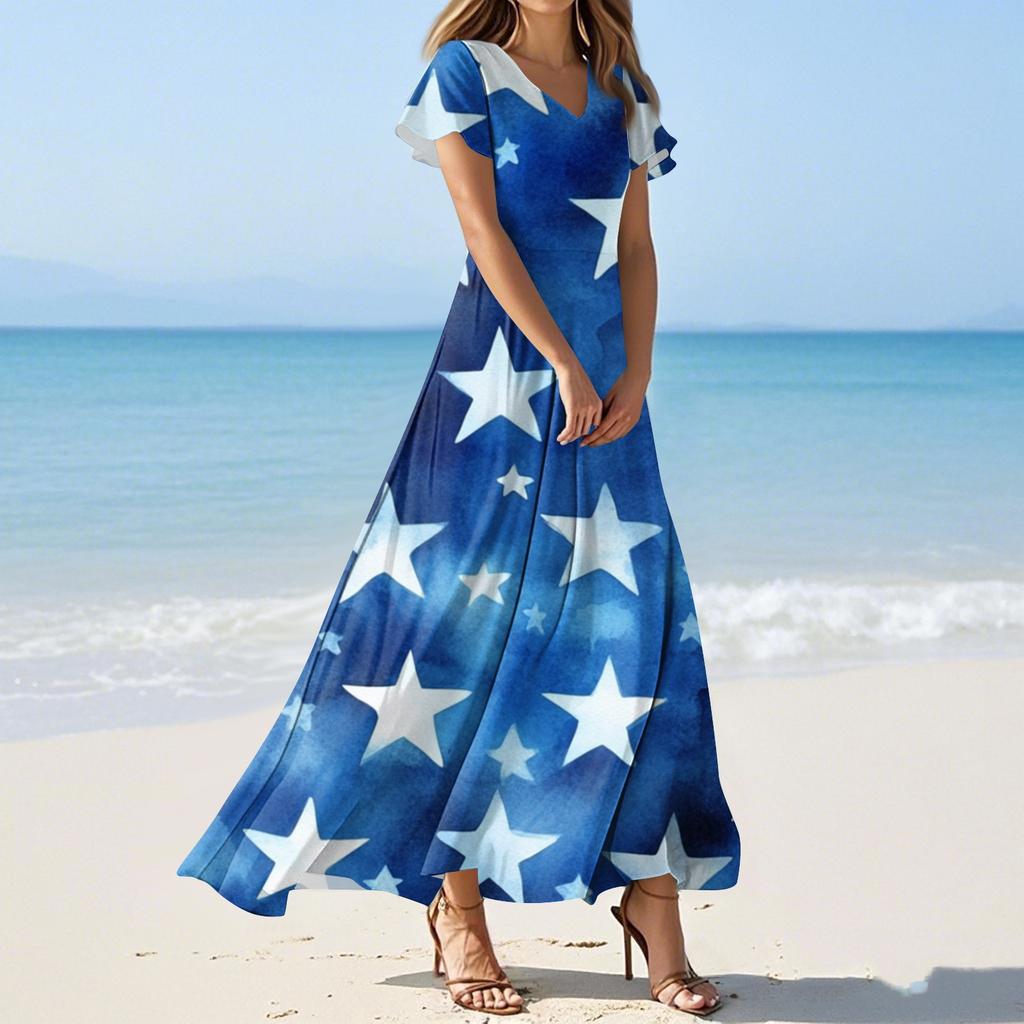 Женские летние повседневные модные платья с принтом ко Дню независимости, платья с коротким рукавом и V-образным вырезом