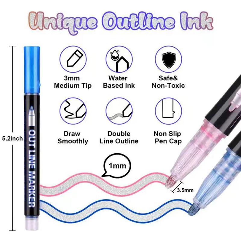 Dreamy Metal Double Line Outline Pen for Kids, Fluorescent Colorful Manual Bead Pen for Greeting Cards & Graffiti,