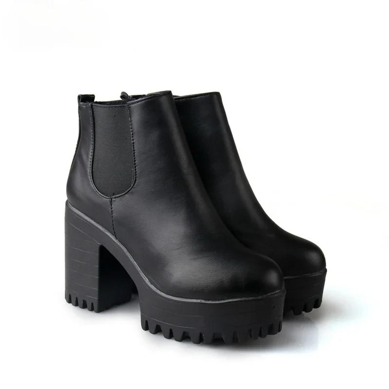 Botas Mujer Модные женские сапоги на квадратном каблуке и платформе Zapatos Mujer из искусственной кожи, высокие сапоги-лодочки, обувь для мотоциклистов