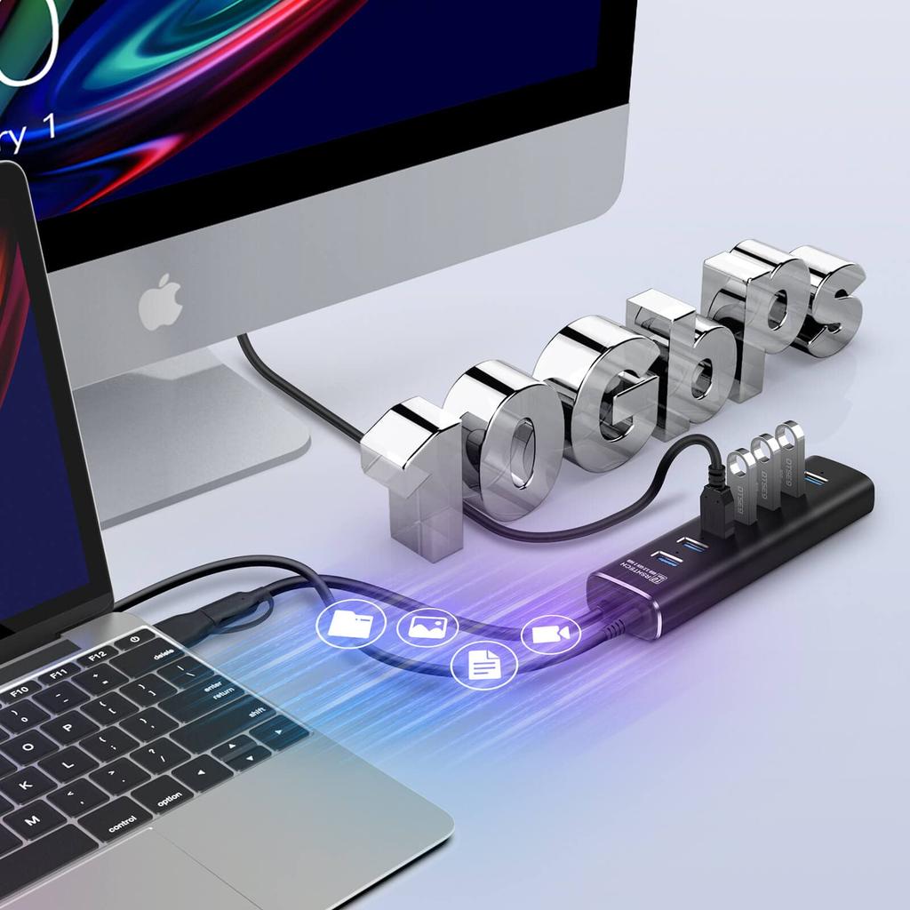 RSHTECH USB Hub Gen2 10 Гбит/с 7 портов 2 в 1 с кабелем алюминиевый USB HUB 12 В 2 А блок питания с независимым выключателем 3.2 с автономным питанием (РШ-А107)